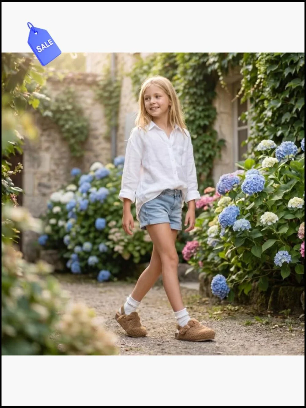 Girls Faux Shearling Clogs with Cork Footbed - Adjustable Buckle, Non-Slip Sole